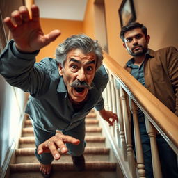 A sixty-year-old man with a black mustache and gray hair is falling down stairs