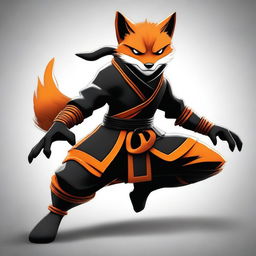 This is a high-quality digital art image featuring a ninja fox in black and orange attire