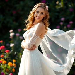 A beautiful woman wearing an elegant white dress that flows gracefully as she poses in a sunlit garden