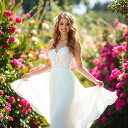 A beautiful woman wearing an elegant white dress that flows gracefully as she poses in a sunlit garden