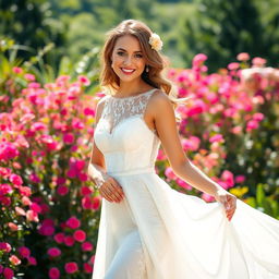 A beautiful woman wearing an elegant white dress that flows gracefully as she poses in a sunlit garden