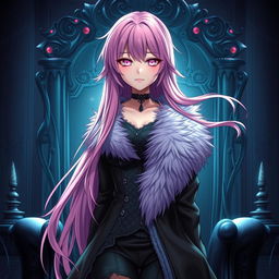 An enticing light novel cover featuring a tall female character with long, flowing pink hair that radiates vibrancy, accentuated by her glowing pink eyes that draw the viewer in with mystery and allure