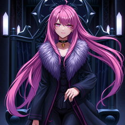An enticing light novel cover featuring a tall female character with long, flowing pink hair that radiates vibrancy, accentuated by her glowing pink eyes that draw the viewer in with mystery and allure