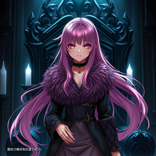 An enticing light novel cover featuring a tall female character with long, flowing pink hair that radiates vibrancy, accentuated by her glowing pink eyes that draw the viewer in with mystery and allure