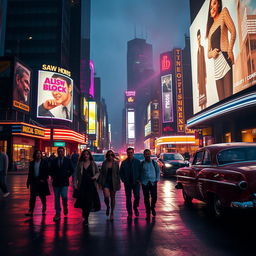 A cinematic aesthetic scene set in a bustling urban environment at dusk