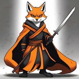 This is a high-quality digital art image featuring a ninja fox in a black and orange cloak, wielding a staff