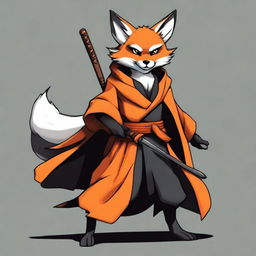 This is a high-quality digital art image featuring a ninja fox in a black and orange cloak, wielding a staff