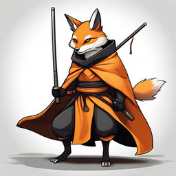 This is a high-quality digital art image featuring a ninja fox in a black and orange cloak, wielding a staff