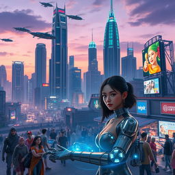 A futuristic cityscape at dusk, featuring towering skyscrapers with neon lights, flying cars zooming through the sky, and a vibrant marketplace bustling with diverse humanoid characters, each showing distinct cultural attire