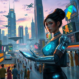 A futuristic cityscape at dusk, featuring towering skyscrapers with neon lights, flying cars zooming through the sky, and a vibrant marketplace bustling with diverse humanoid characters, each showing distinct cultural attire