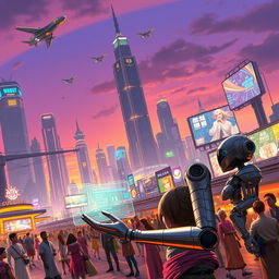 A futuristic cityscape at dusk, featuring towering skyscrapers with neon lights, flying cars zooming through the sky, and a vibrant marketplace bustling with diverse humanoid characters, each showing distinct cultural attire