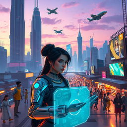 A futuristic cityscape at dusk, featuring towering skyscrapers with neon lights, flying cars zooming through the sky, and a vibrant marketplace bustling with diverse humanoid characters, each showing distinct cultural attire