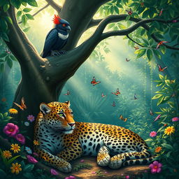 A mystical scene depicting the legendary Red-eyed Mina, a beautiful bird with striking crimson eyes, perched gracefully atop a large tree branch