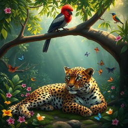 A mystical scene depicting the legendary Red-eyed Mina, a beautiful bird with striking crimson eyes, perched gracefully atop a large tree branch