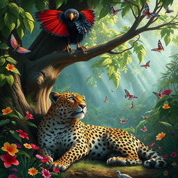 A mystical scene depicting the legendary Red-eyed Mina, a beautiful bird with striking crimson eyes, perched gracefully atop a large tree branch