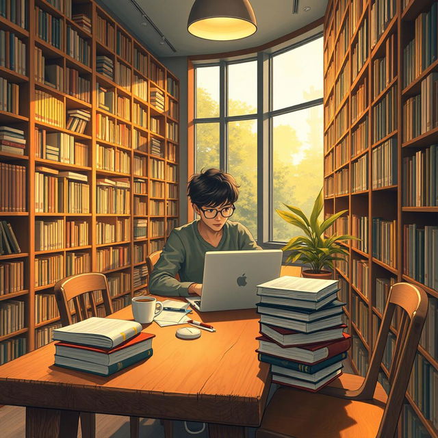 A detailed and artistic representation of a college student studying intensely in a cozy, modern library