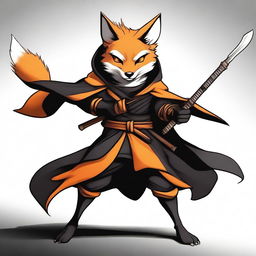 This is a high-quality digital art image featuring a ninja fox in a black and orange cloak, wielding a staff