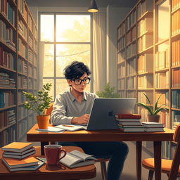 A detailed and artistic representation of a college student studying intensely in a cozy, modern library