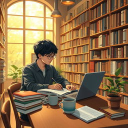 A detailed and artistic representation of a college student studying intensely in a cozy, modern library