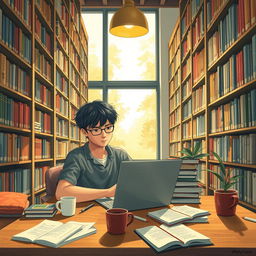 A detailed and artistic representation of a college student studying intensely in a cozy, modern library