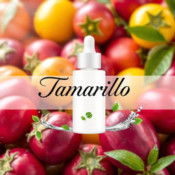 A vibrant and eye-catching poster design for a serum featuring a fresh, juicy tamarillo (terong belanda) theme