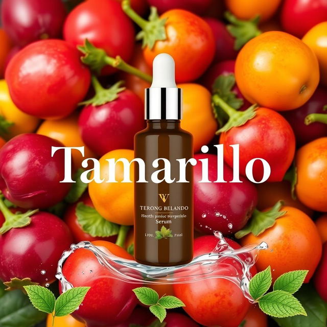 A vibrant and eye-catching poster design for a serum featuring a fresh, juicy tamarillo (terong belanda) theme