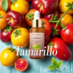 A vibrant and eye-catching poster design for a serum featuring a fresh, juicy tamarillo (terong belanda) theme