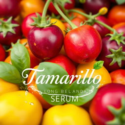 A vibrant and eye-catching poster design for a serum featuring a fresh, juicy tamarillo (terong belanda) theme