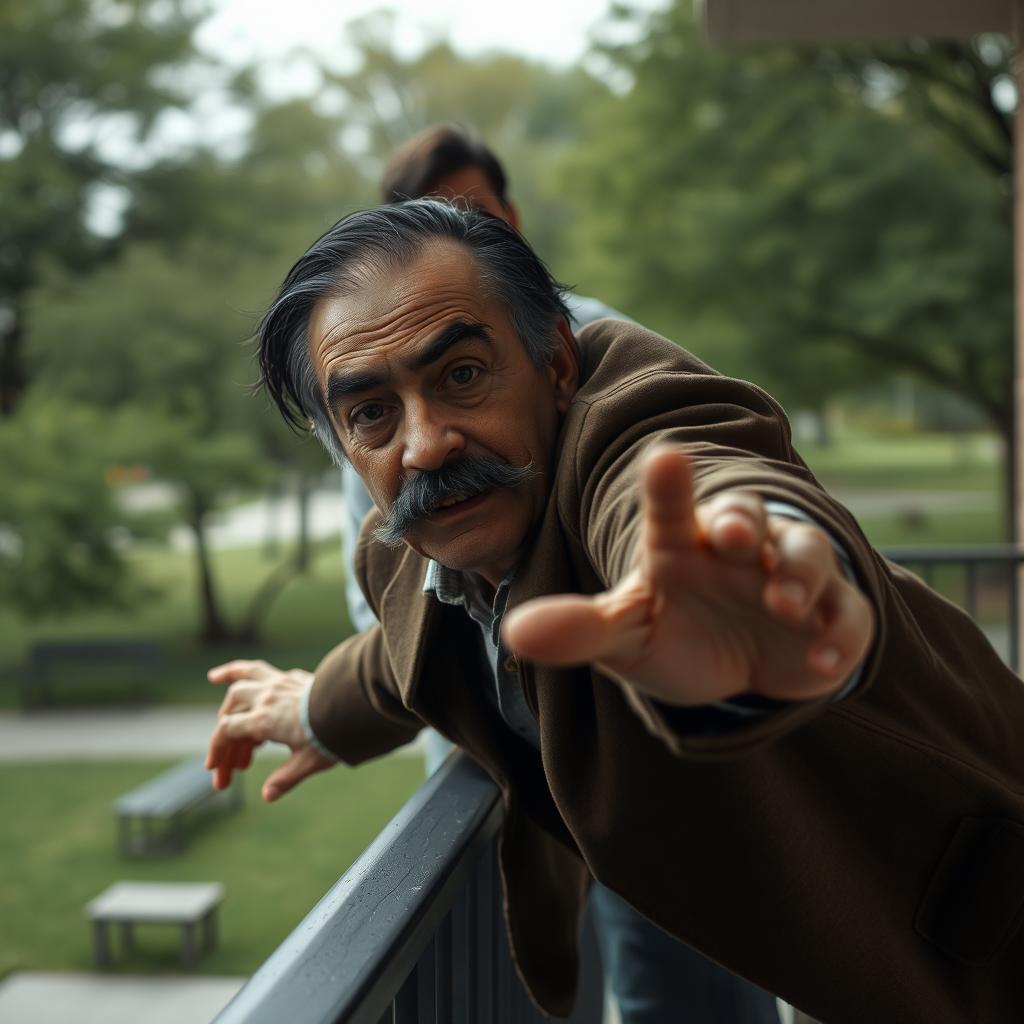 A scene depicting a sixty-year-old man with a black mustache and black hair falling off a railing