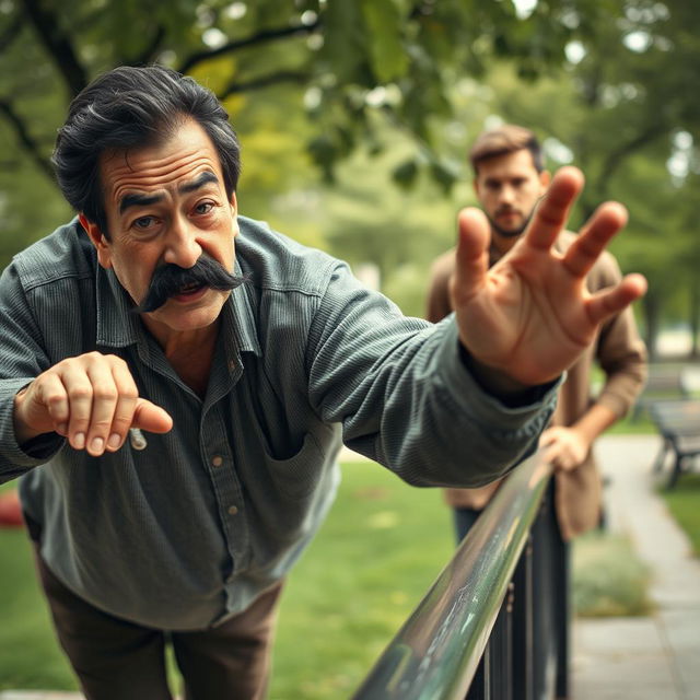 A scene depicting a sixty-year-old man with a black mustache and black hair falling off a railing