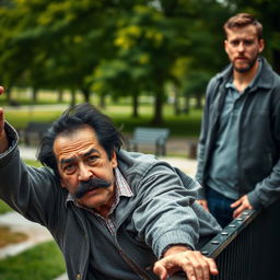 A scene depicting a sixty-year-old man with a black mustache and black hair falling off a railing