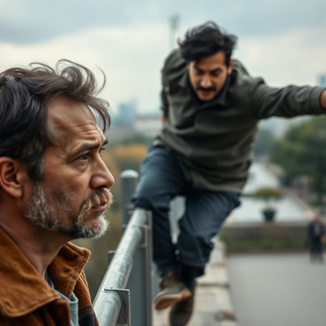 A 60-year-old man with a black mustache and black hair falling off a railing