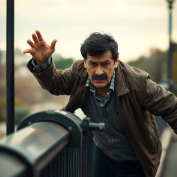 A 60-year-old man with a black mustache and black hair falling off a railing