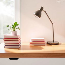 A tidy and organized scene featuring a clean desk with neatly stacked books, a polished wooden surface, a potted plant, and a stylish desk lamp