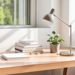 A tidy and organized scene featuring a clean desk with neatly stacked books, a polished wooden surface, a potted plant, and a stylish desk lamp