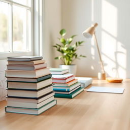 A tidy and organized scene featuring a clean desk with neatly stacked books, a polished wooden surface, a potted plant, and a stylish desk lamp