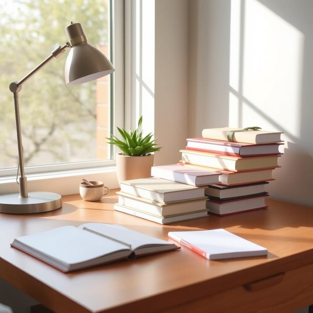 A tidy and organized scene featuring a clean desk with neatly stacked books, a polished wooden surface, a potted plant, and a stylish desk lamp