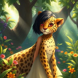 A whimsical fantasy scene depicting Mina, a girl with striking red eyes and short black hair, standing in a lush, vibrant jungle