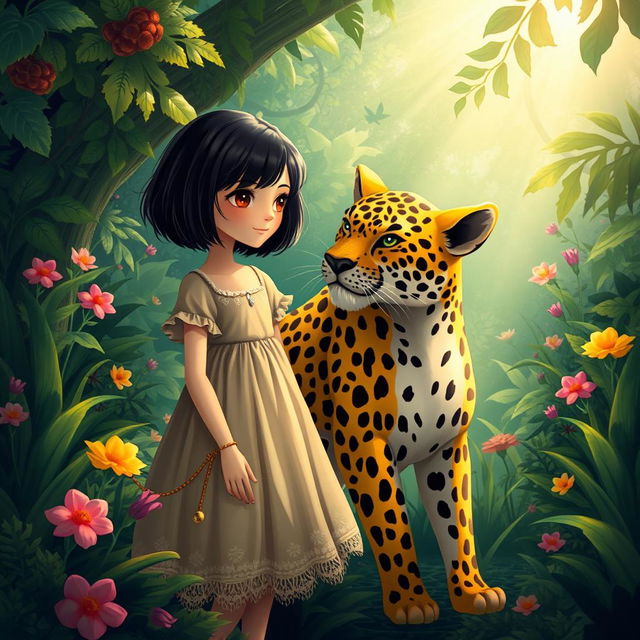 A whimsical fantasy scene depicting Mina, a girl with striking red eyes and short black hair, standing in a lush, vibrant jungle