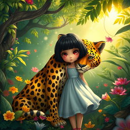 A whimsical fantasy scene depicting Mina, a girl with striking red eyes and short black hair, standing in a lush, vibrant jungle