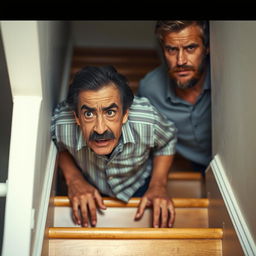 A 60-year-old man with a black mustache and black hair, having fallen down the stairs