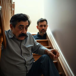 A 60-year-old man with a black mustache and black hair, having fallen down the stairs