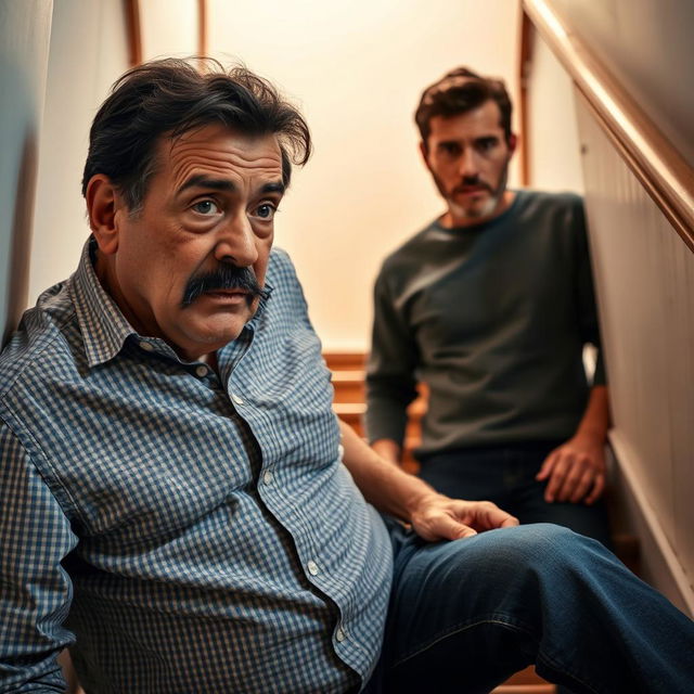 A 60-year-old man with a black mustache and black hair, having fallen down the stairs