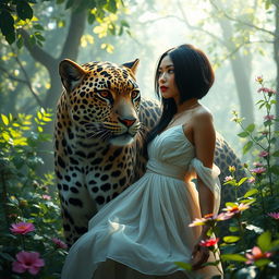 In a mystical forest, a captivating scene featuring Mina, a striking woman with vibrant red eyes and short, sleek black hair
