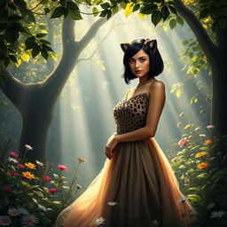 In a mystical forest, a captivating scene featuring Mina, a striking woman with vibrant red eyes and short, sleek black hair