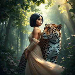 In a mystical forest, a captivating scene featuring Mina, a striking woman with vibrant red eyes and short, sleek black hair