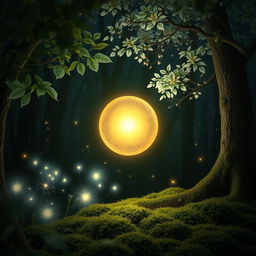 A glowing magical orb floating in a dark, enchanted forest, surrounded by luminescent flowers and softly shimmering leaves