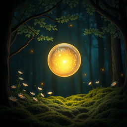 A glowing magical orb floating in a dark, enchanted forest, surrounded by luminescent flowers and softly shimmering leaves