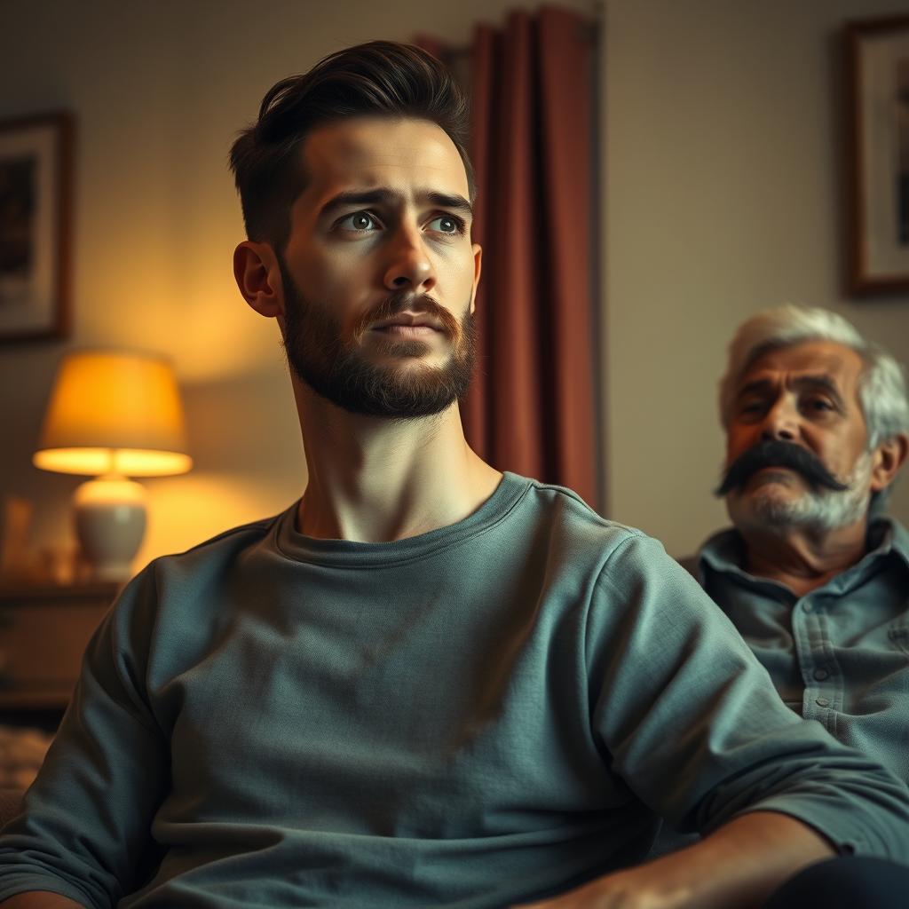 An artistic and surreal interpretation of two figures: a tall, fair-skinned young man with a beard but no mustache, experiencing a moment of introspection