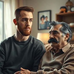 An artistic and surreal interpretation of two figures: a tall, fair-skinned young man with a beard but no mustache, experiencing a moment of introspection